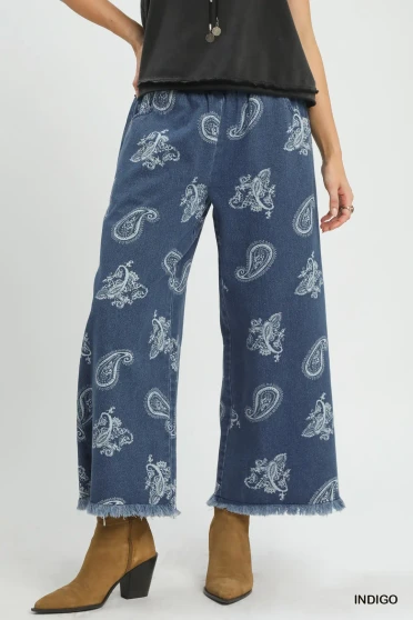 Umgee Denim Paisley Wide-Leg Pants