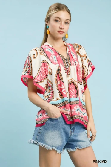 Umgee Mix Paisley Border Print Tassel Top