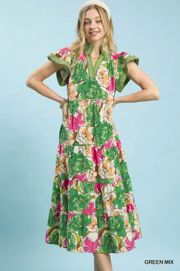 Umgee Mix Bold Floral Tiered Midi Dress