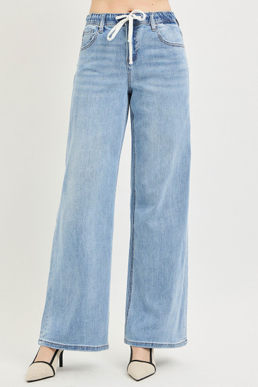 RISEN Elastic Band Slouchy Wide Jeans with Drawstring