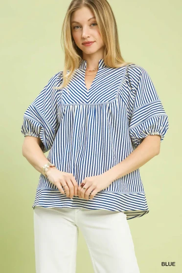 Umgee Striped Puff Sleeve Babydoll Top