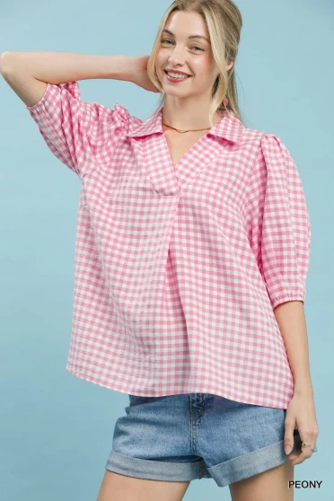 Umgee Gingham Puff Sleeve Collared Blouse