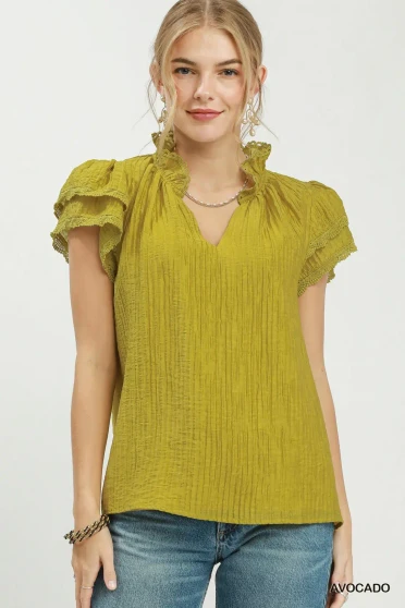 Umgee Lace Trim Ruffle Top