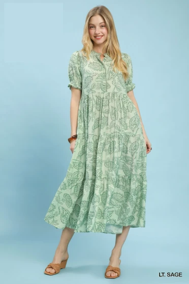 Umgee Paisley Print Tiered Midi Dress