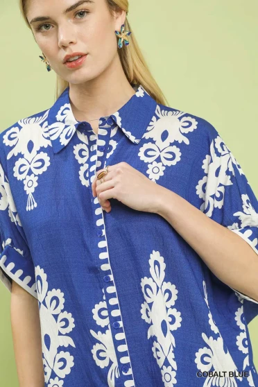 Umgee Abstract Print Button Down Short Sleeve Shirt