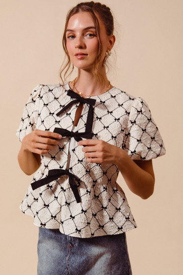 SO ME Bow Texture Woven Peplum Top With Contrast Tie