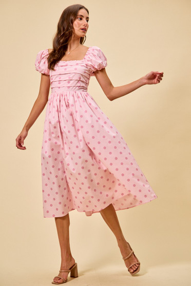 SO ME Polka Cotton Print Short Sleeves Midi Dress