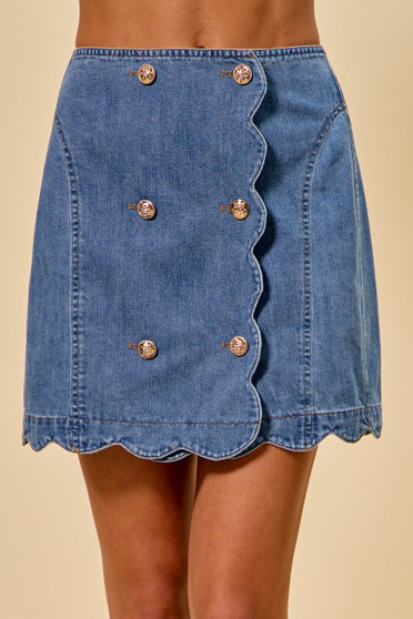 SO ME Denim Scalloped Buttoned Front Skirt