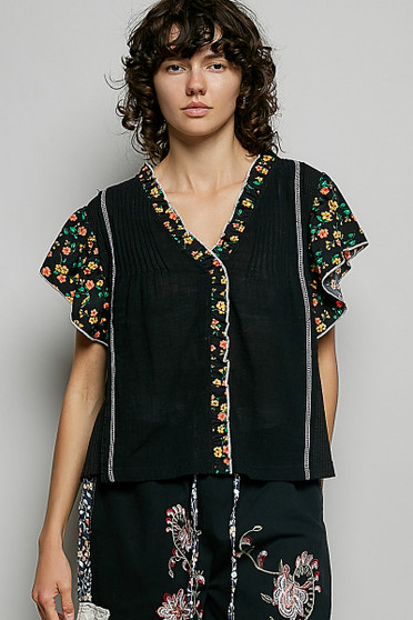 POL V-Neck Floral Ruffle Sleeve Blouse