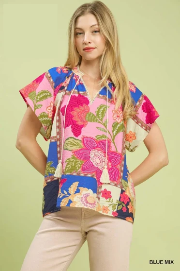 Umgee Mix Floral Patchwork Tassel Tie Top
