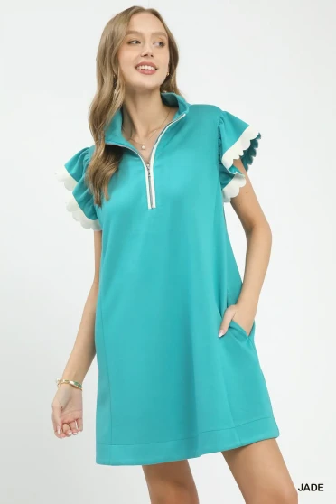 Umgee Zip-Neck Flutter Sleeve Dress