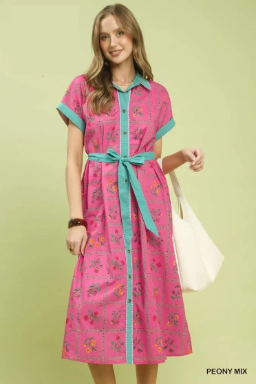 Umgee Mix Floral Button-Front Midi Dress