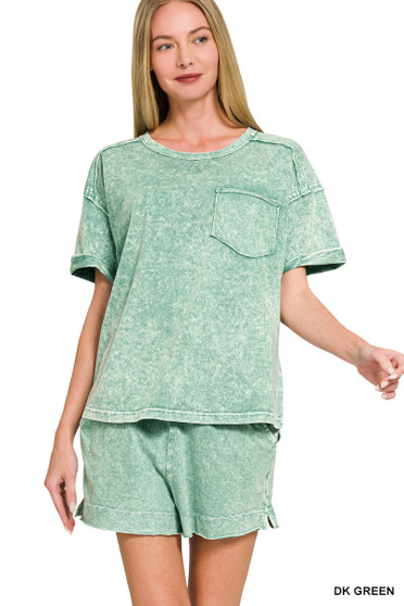 Zenana Halo Snow Washed Exposed Seam Top & Shorts Set