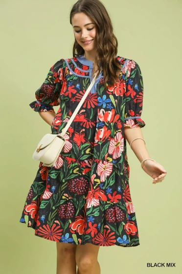 Umgee Floral Tiered Puff Sleeve Dress