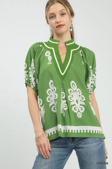 Umgee Boho Print Split-Neck Short Sleeve Top