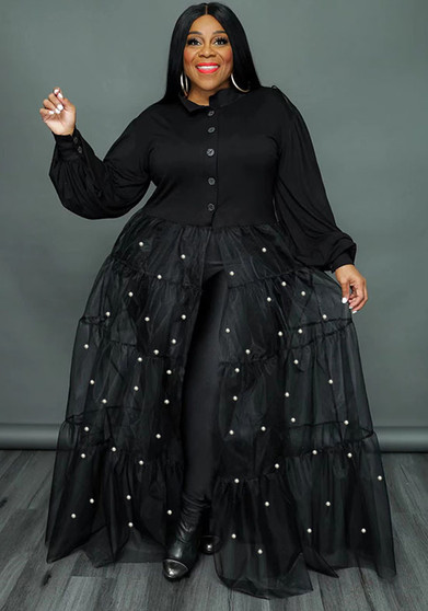 Plus Size Women's Black Pearl Mesh Patchwork Dress