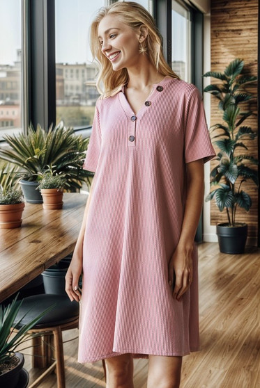 Heimish Full Size Solid Ribbed Mini Dress with Button Plus Size