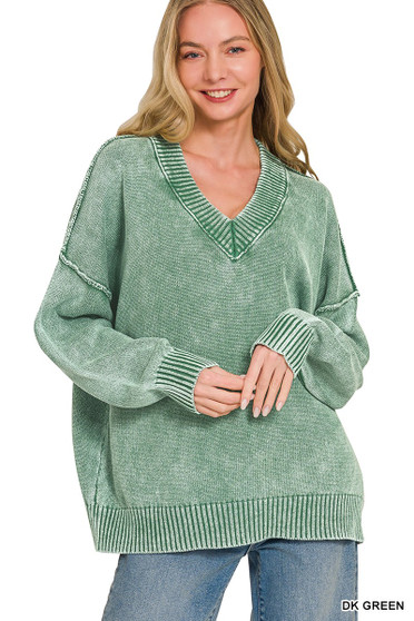 Zenana Washed Deep V-neck Oversized Sweater