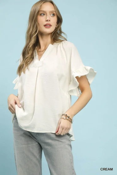 Umgee Ruffle Sleeve V-Neck Flutter Blouse