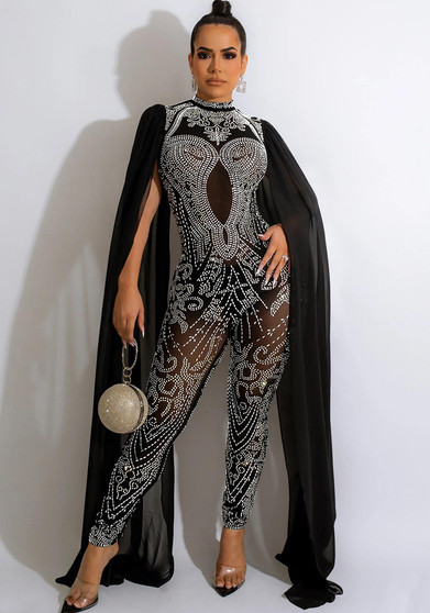 Women Beaded Mesh See-Through Slit Sleeve Jumpsuit