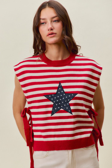 SO ME Stripe Star Patch 4th Of July Side Tie Vest Top