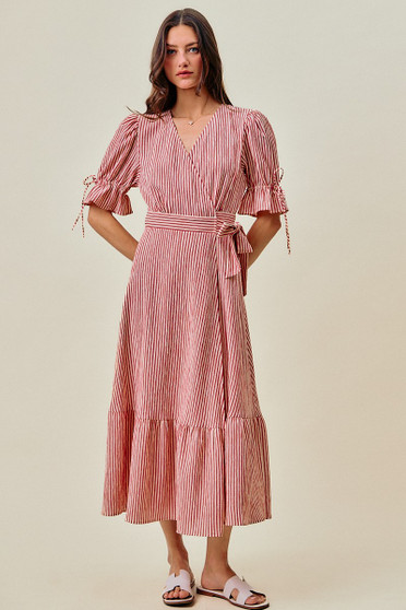 SO ME Stripe Textured Short Sleeves Lined Wrap Midi Dres