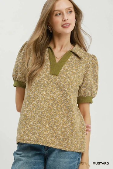 Umgee Printed Collared Puff Sleeve Top