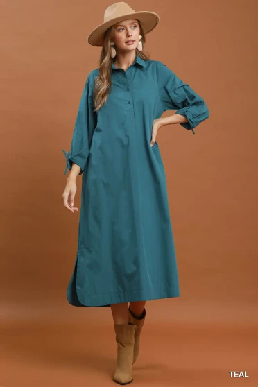 Umgee Collared Button Detail Relaxed Midi Dress