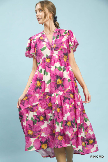 Umgee Tropical Floral V-Neck Flutter Sleeve Tiered Midi Dress