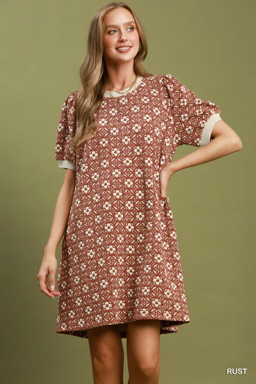 Umgee Floral Textured Puff Sleeve Mini Dress