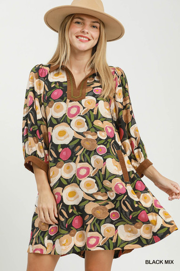 Umgee Mix Floral Contrast Trim Shift Mini Dress
