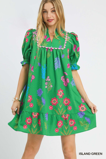 Umgee Multi Flower Print V-Neck Dress