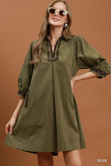 Umgee V-Neck Shift Dress with Contrast Trim