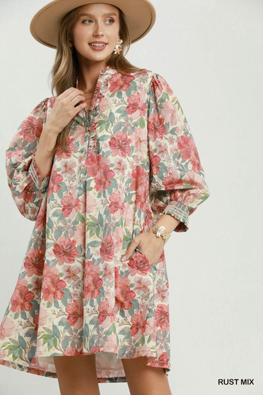 Umgee Mix Floral Print Smocked Cuff Mini Dress