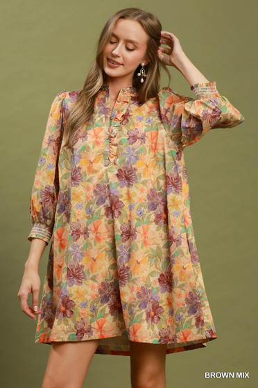 Umgee Mix Floral Print Smocked Cuff Mini Dress