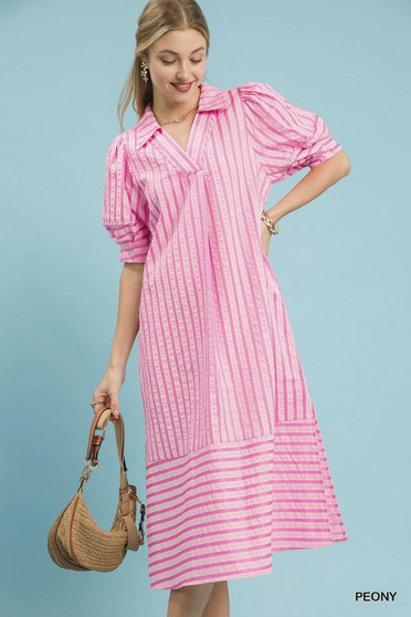 Umgee Striped Puff Sleeve Midi Dress