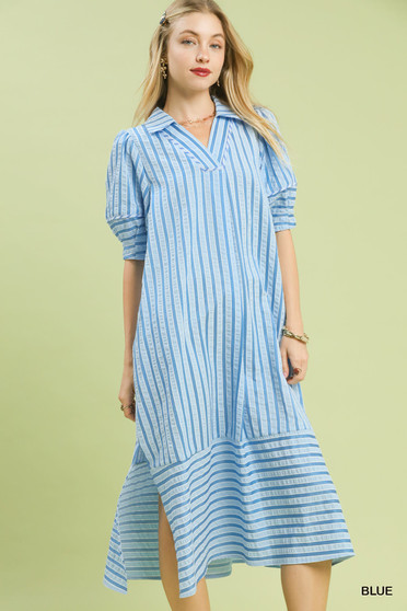 Umgee Striped Puff Sleeve Midi Dress