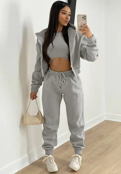 Women'S Fleece Hoodies Hooded Sports Casual Three-Piece Pants Set