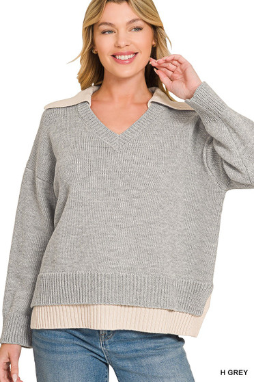 Zenana Dual-look Collared V-neck Sweater