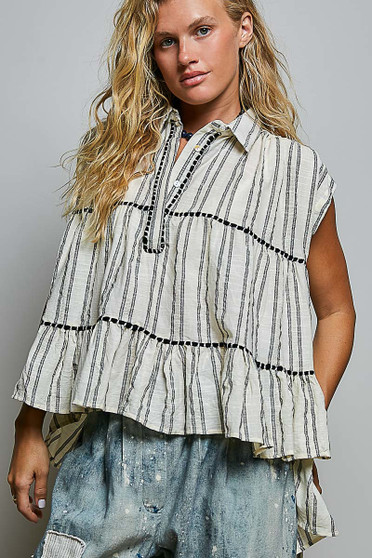 POL Striped Ruffle Collared Sleeveless Cotton Top