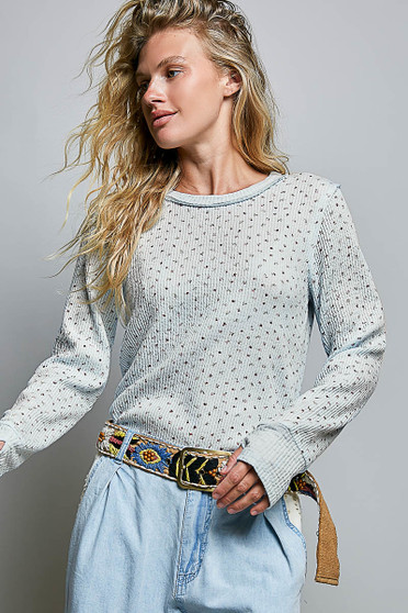 POL Ribbed Knit Floral Crew Neck Long Sleeve Top