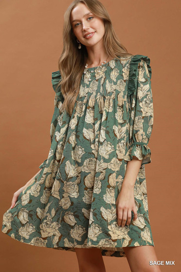 Umgee Mix Floral Print Smocked Ruffle Detail Flowy Dress