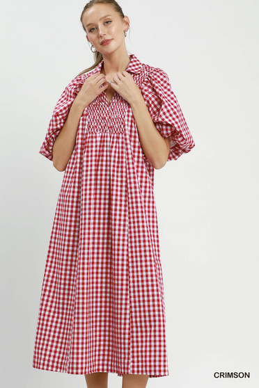 Umgee Puff Sleeve Plaid Midi Dress