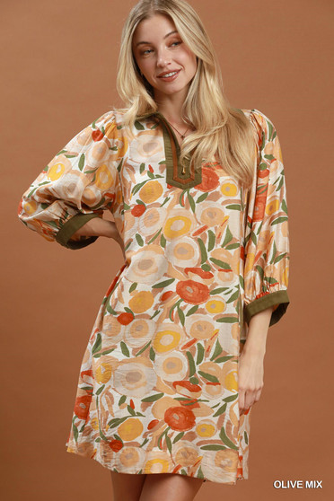 Umgee Mix Floral Contrast Trim Shift Mini Dress