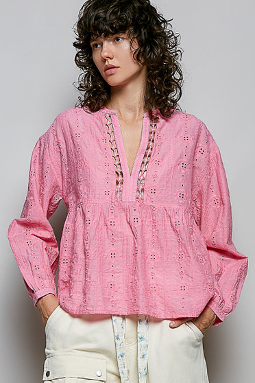 POL Eyelet Lace Split Neck Gathered Empire Waist Cotton Blouse
