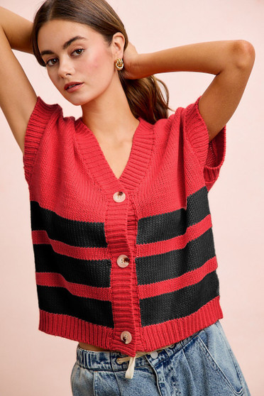BiBi Game Day Theme Stripe Buttoned V Neck Knit Cardigan