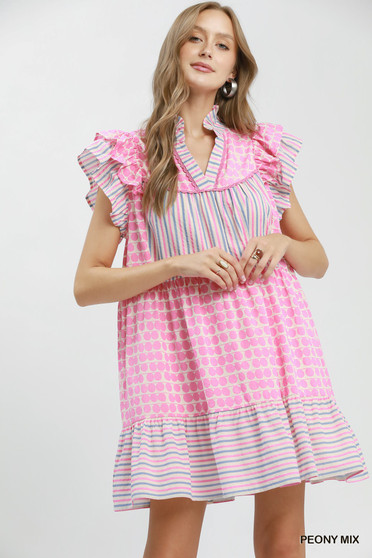 Umgee Mix Patchwork Flutter Sleeve Tiered Dress