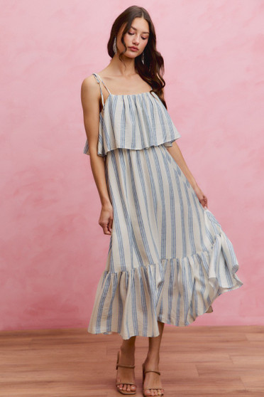 SO ME Stripe Tiered Shoulder Tie Midi Lined Dress