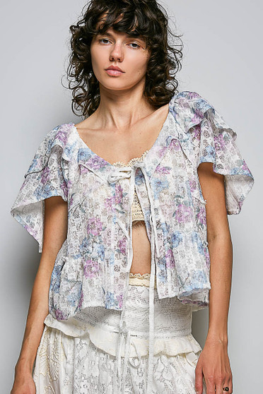 POL Lace Detail Floral Tie Front Ruffle Short Sleeve Blouse