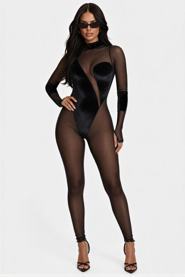Long Sleeve Mock Neck Mesh Jumpsuit 
